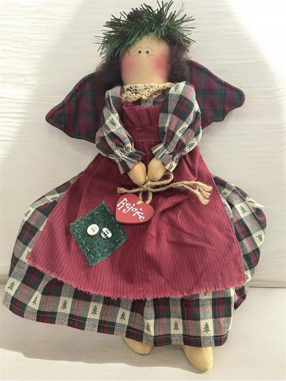 Handmade Christmas Angel Doll - Red Plaid Holiday Decor Shelf Sitter